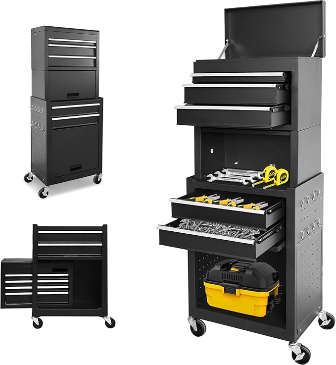 Rolling Tool Chest, 3-in-1 Detachable Metal Tool Box with Wheels & Drawers, High Capacity Toolbox Organization Sliding Drawers Garage Storage Box Cabinet Tools Cart for Warehouse Workshop