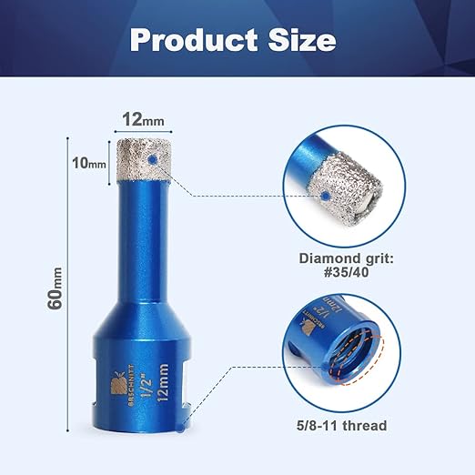 1/2 Inch Diamond Core Drill Bit for Porcelain Tile Ceramic Marble Granite Drilling,BRSCHNITT 2pcs Vacuum Brazed Diamond Hole Saw with 5/8-11 Thread (12mm 2pcs)