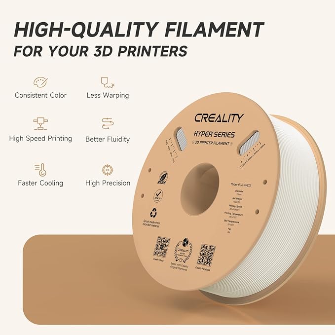 Official Creality Hyper PLA Filament 1.75mm, High Speed PLA 30-600mm/s 3D Printer Filament, Dimensional Accuracy +/-0.02mm, Fit Most FDM 3D Printers，1KG(2.2lbs) Spool White