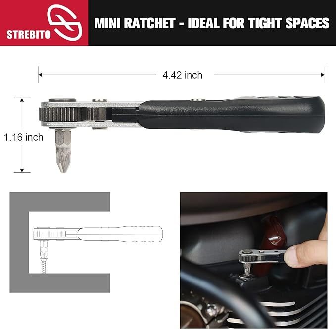 STREBITO Mini Ratchet Set, 22-Piece 1/4 Ratchet Right Angle Screwdriver, 36-Tooth Small Ratcheting Wrench Bit Ratchet For Tight Spaces, with Phillips, Slotted, Torx, Hex, Square and Adapter for Socket