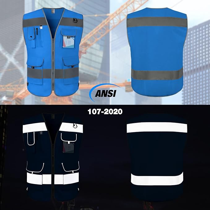 TCCFCCT Reflective Vest 9 Pockets High Visibility Safety Vest for Men Women, Hi Vis Construction Vest with Reflective Strips, Meets ANSI/ISEA Standards, (Blue, Small)