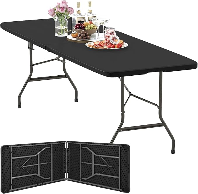 FDW 8FT Folding Table, Portable Fold-in-Half Plastic Picnic Party Table by FDW