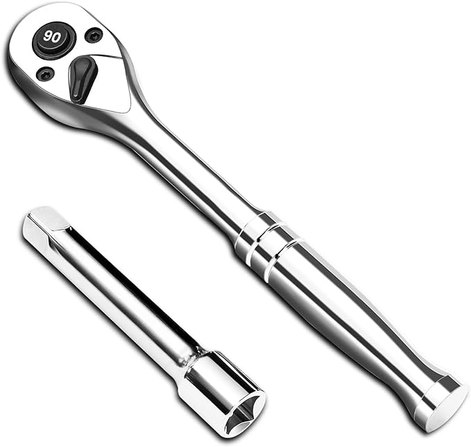 3/8-Inch Drive Ratchet Wrench, 90-Tooth Quick-release Reversible Ratchet Wrench with an Extension Bar(3 inch), 6" Long Socket wrench, 4-Degree Swing, Full Polished,Cr-Mo Head For Gifting,Repairing