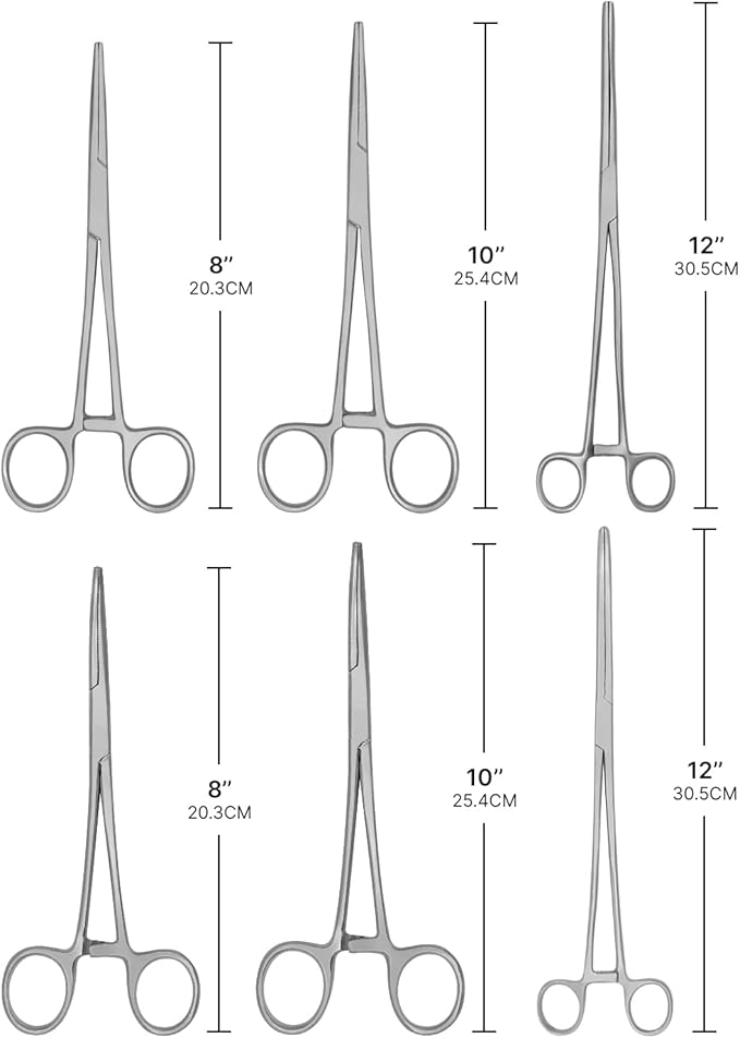 Hemostats ROCHESTER PEAN Forceps Locking Pliers Clamps Tongs Full Serrated Stainless Steel set (Curved 5,6.25,7.25, 8,10,12 Inches 6 pcs Set)