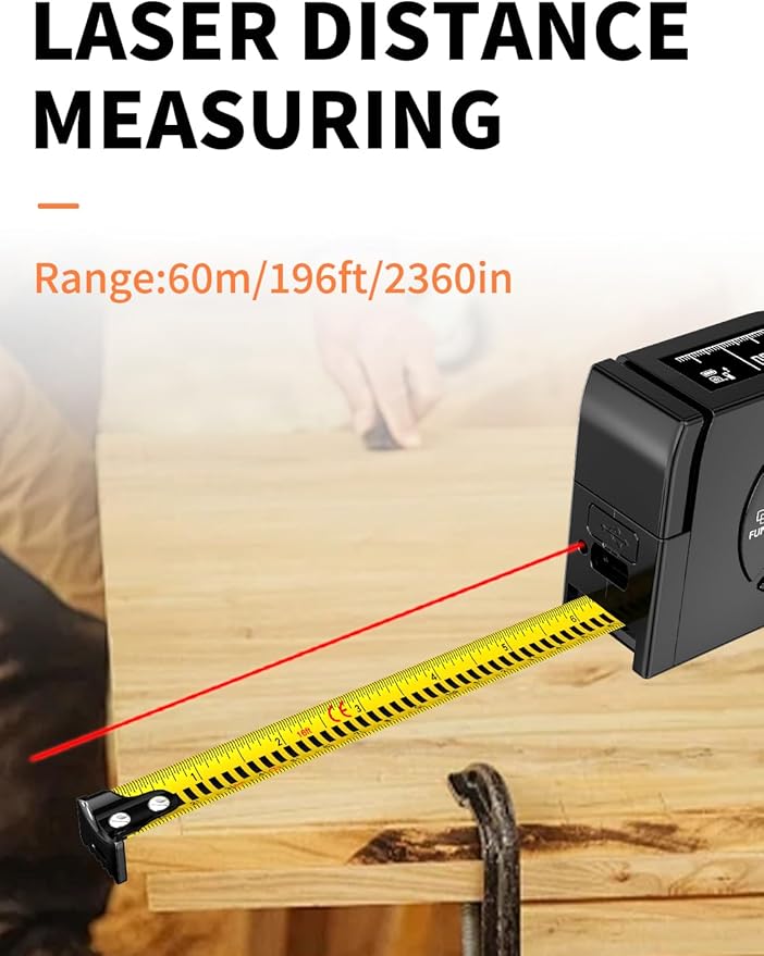 Laser Tape Measure 3-in-1, 196ft/60m Laser Distance Meter, 16ft/5m Digital Tape Measure, Regular Tape Measure, Area Volume Measuring Pythagorean Mode, Rechargeable