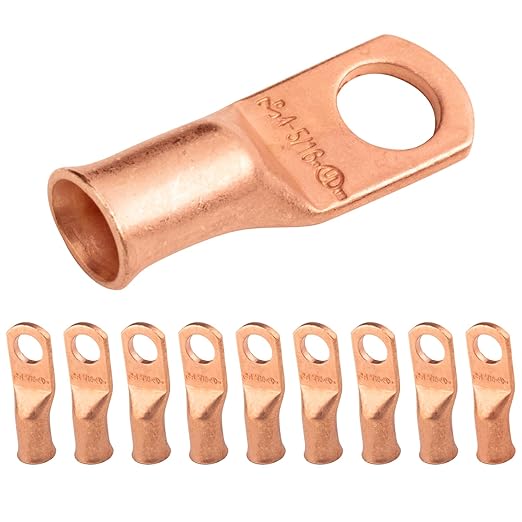 SELTERM 10pcs 4 AWG - 5/16" Stud - Battery Lugs, Heavy Duty Wire Lugs, Ring Terminals, Battery Cable Ends,4 Guage Terminals, UL Bare Copper Eyelets Electrical Battery Terminal Connectors