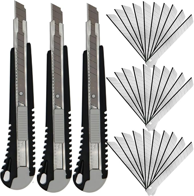 9mm Snap Off Utility Knife 3 Pack High Hardness Retractable Box Cutters by WEKOIL