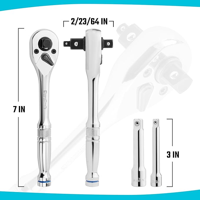 DURATECH Ratchet Set, 3-IN-1 Ratchet Handle, with 2 Extension Bars, 1/4", 3/8", 1/2" Drive Ratchet Wrench, 72-Tooth, Reversible Switch, Full-Polished Chrome Plating, Alloy Steel