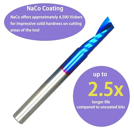 O Single Flute Upcut Spiral End Mill CNC Router Bit with NACO Coating for Plastic Cutting with Mirror Finish (5, 1/4 D x 3/4 CH x 1/4 SHK x 2-1/2 L)