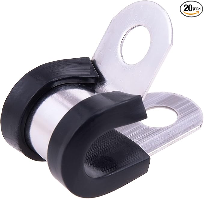 HOLYBEAR 1/4 Inch Stainless Steel Cable Clamp, Rubber Insulated Metal Conduit Wire Holder Strap Clips for Pipe, Tube, Hose Bracket (6mm, 20pcs)