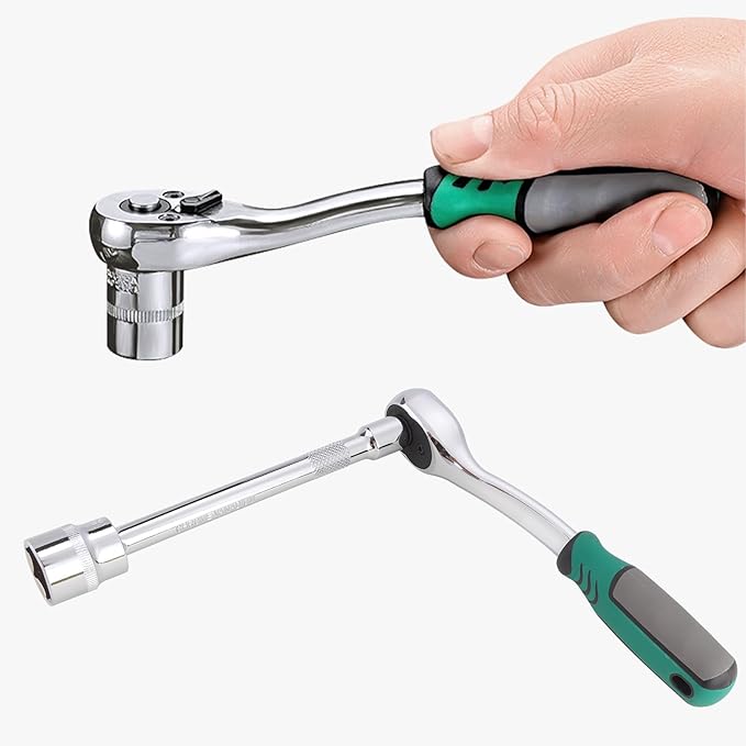 3/8 Inch Drive Ratchet, 72-Tooth Reversible, Quick Release Ratchet Wrench, w/ 10pcs Metric Sockets (8mm-21mm) and Extension Bar, CR-V Steel