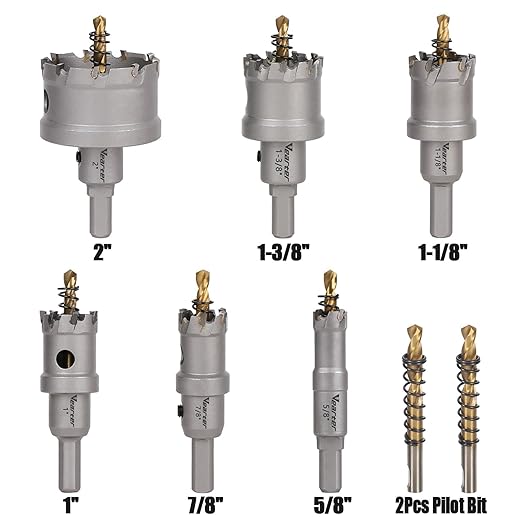 8PCS Carbide Hole Saw Kit, 5/8'' to 2'' Metal Hole Cutter with Pilot Drill, Holesaw for Hard Metal, Stainless Steel, Iron, Mild Steel, Aluminium, Alloy, Plastic, Fiberglass