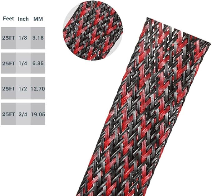 PET Expandable Braided Sleeving Wire Loom 1/2 Inch Cable Wrap Cable Sleeve Wire Protector Sleeve Tubing 25Feet, Red&Black