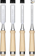 GREBSTK 4 Pcs Wood Chisel Set, CRV Steel Bevel Sharp Edge Bench Chisels with Safety Caps, Comfortable Oversized Solid Wood Handle, for Woodworking and DIY Projects, 11"x(1/4", 1/2", 3/4", 1")