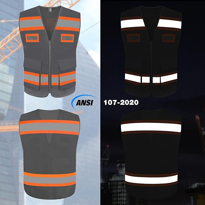 TCCFCCT Mesh High Visibility Safety Work Vest with Pockets and Reflective Stripes, Hi Vis Construction Vest with Fluorescent Orange Extend Edge, Meets ANSI/ISEA Standards, Grey, XL