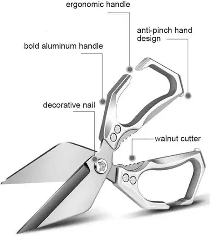 Multi-Purpose Kitchen Scissors,stainless steel scissors,Poultry Shears,Sharpeners Bottle Openers Zester and More Stainless Steel,for opening cans and heavy duty poultry cutting (Silver)