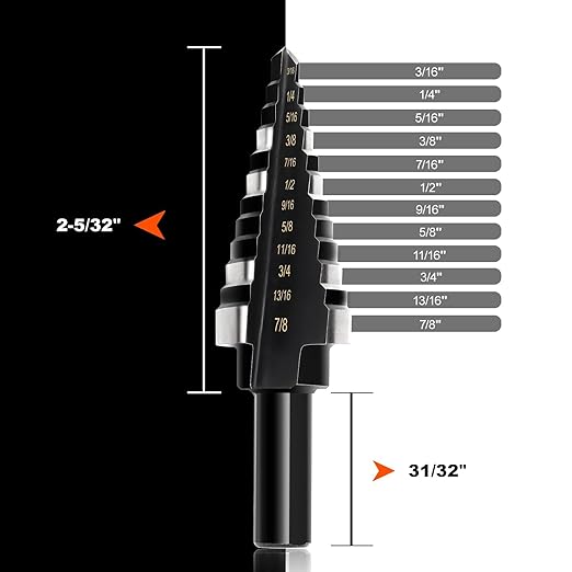 COMOWARE Step Drill Bit, 12 Sizes from 3/16" to 7/8", High Speed Steel Step Bit with 2 Straight Flutes, 3-Flat Shank, Steps Bits for Metal, Aluminum/Wood/Plastic/Iron, Unibit for Electricians & DIY