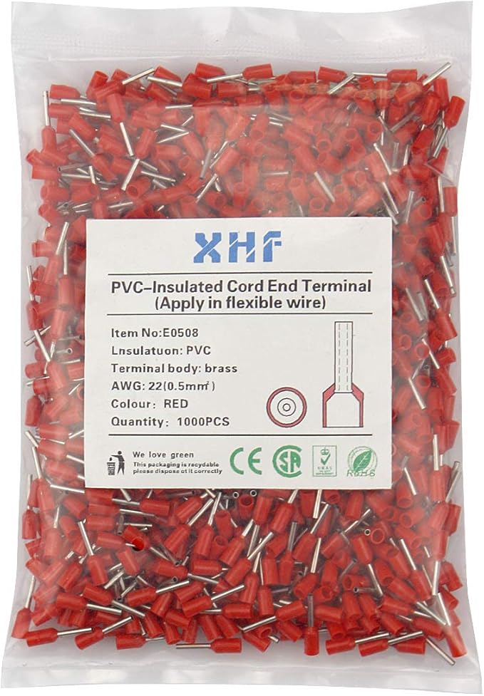 XHF 1000 PCS AWG 22/0.5mm² Wire Ferrules Insulated Copper Crimp Connectors, Crimp Pin Cord End Terminals Red