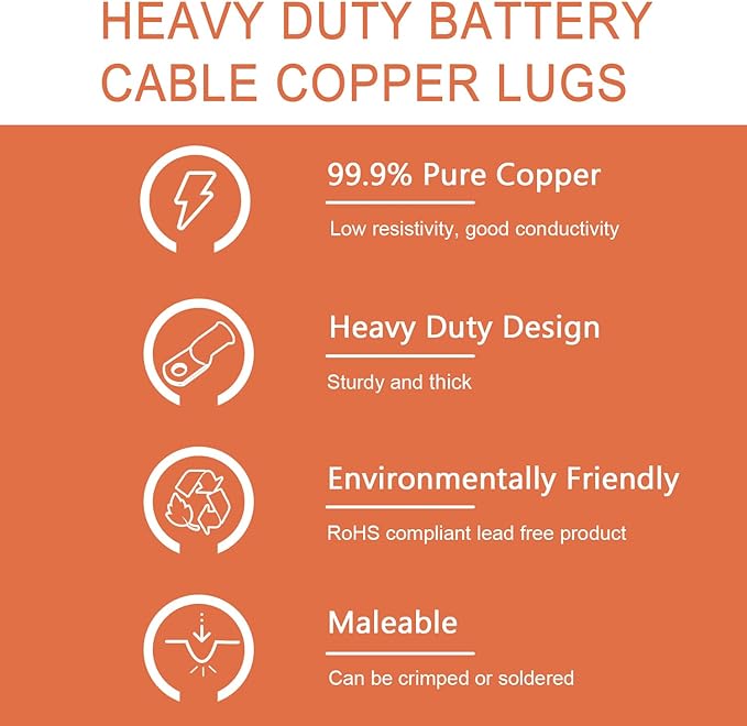 10pcs 1/0 AWG-3/8(M10) Tinned Copper Ring Terminals Battery Lugs, Heavy Duty Wire Lugs, Battery Cable Connectors