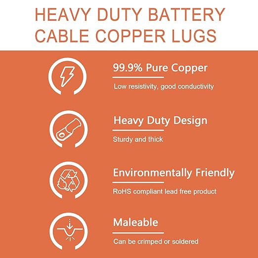 10pcs 4 AWG-5/16”(M8) Ring Terminals Lugs 4 Gauge Battery Cable Ends Heavy Duty Copper Wire Lugs Battery Terminal Connectors