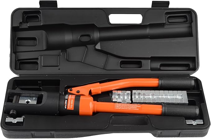 HZLZRZ Hydraulic Crimping Tool and Wire Crimping Tool, 16 Tons and Range 4AWG-600MCM, 11Pairs of Dies for Terminal Kit, Battery Terminal Crimper, Yellow Hydraulic Press (YQ/300A)