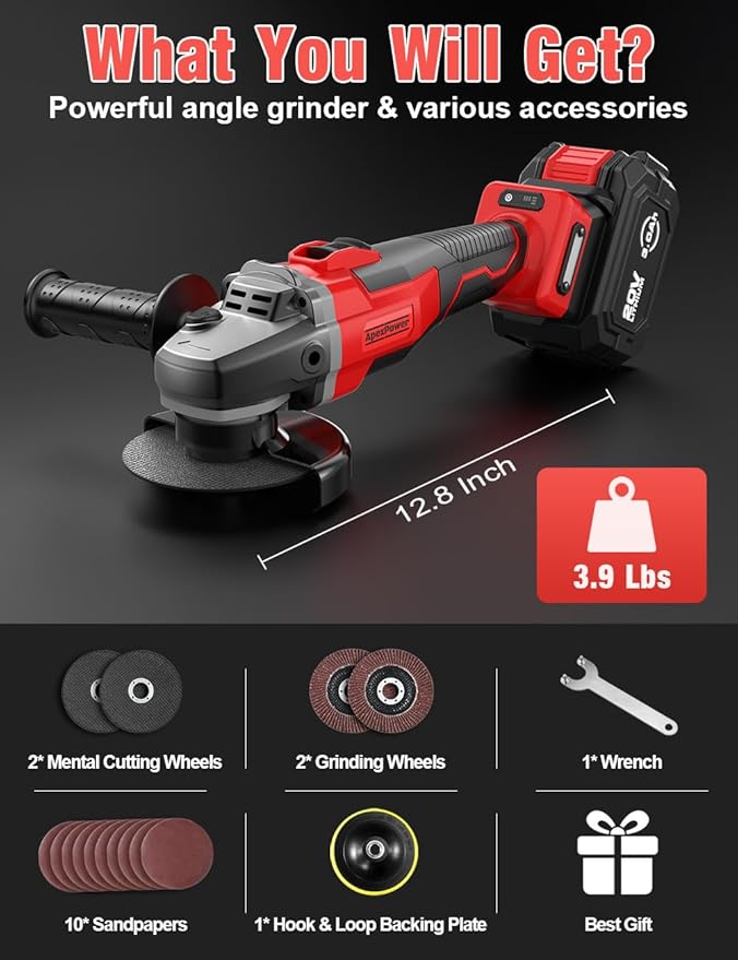 Brushless Angle Grinder for Milwaukee M18 Battery, 4-1/2" Cordless Small Angle Grinder w/Auxiliary Handle, 10 Sandpapers, 2 Cutting & 2 Grinding Wheels, Pin Wrench, Lock-on Slide Switch for Polishing