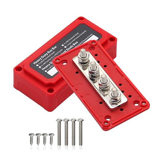 300A Bus Bar Box 12V 24V 48V DC Terminal Studs 4XM8(5/16") Heavy Duty Bus Bar Power Distribution Block for RV Car Truck Battery Marine Automotive, Red