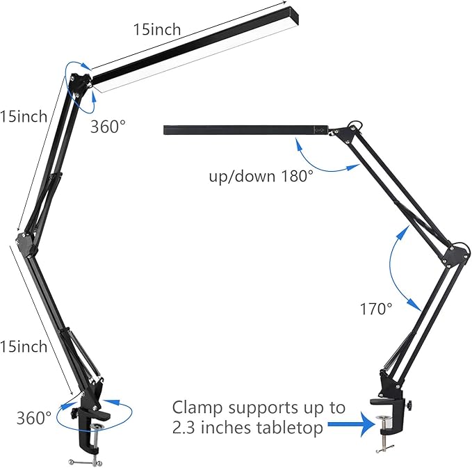 LED Architect Desk Lamp, Metal Swing Arm Dimmable Task Lamp, Eye Care Table Lamp with Clamp (3 Color Modes, 10-Level Dimmer, Memory Function) Highly Adjustable Office, Craft, Workbench Light