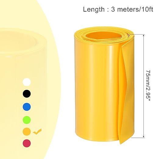 MECCANIXITY Battery Wrap PVC Heat Shrink Tubing 48mm Dia 75mm Flat 10 Feet(3meters) Yellow Good Insulation for Battery Pack