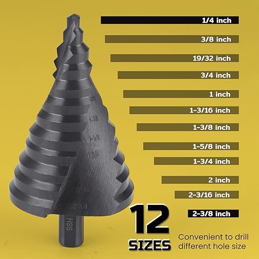 Lichamp Jumbo 2-3/8" Unibit Step Drill Bit for Metal, Extra Large Drill Stepper Bit for Hard Metal Heavy Duty, 12 Sizes from 1/4" to 2-3/8", Spiral Grooved, C5BK
