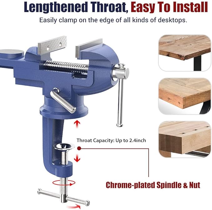 Nuovoware Table Vise 3 Inch, 360° Swivel Base Universal Home Vise Portable Bench Clamp, Clamp-on Vise Bench Clamps Fixed Tool for Woodworking, Metalworking, Cutting Conduit, Drilling, Sawing, Blue