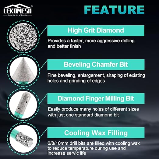 Tile Hole Saw Kit for Porcelain Tile-(6/8/10/25/35/50/75/125mm+Finger Bit+Chamfer Bit+Adapter+Tile Blade) Diamond Tile Drill Bits Precision Cutting for Ceramic Marble Granite,5/8"-11 Thread