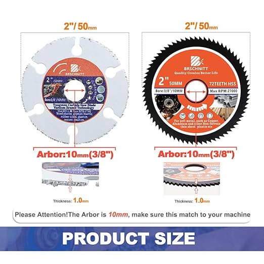 Circular Saw Blade 2inch - BRSCHNITT 4PCS 72T Cutting Discs & 4pcs 2" Carbide Multi Wheel 10mm Bore for Cutting Wood, Copper, Aluminum, Plastic and Soft Metal