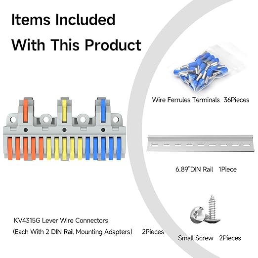 2Pcs Lever Wire Connectors, 3 in 15 Out, Push-in, Quick Wiring DIN Terminal Blocks, 0.75-2.5(4) mm², 600V 32A, 36Pcs Wire Ferrules Terminals & 6.89 Inch DIN Rail Included