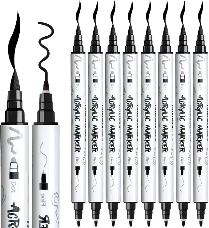 TRANSON 8 Pack Black Brush and Fine Dual-tip Acrylic Paint Marker - Image 6