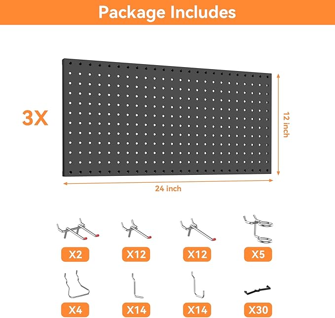 WALMANN 96PCS Metal Pegboard with Pegboard Hooks for Wall, Garage Tools Storage Pegboar for Garage, Workbench, Peg Boards, Tool Organizer Board with Hooks(Black)
