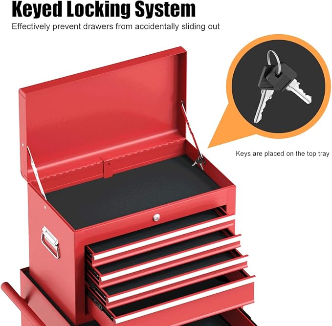 S AFSTAR 6-Drawer Rolling Tool Chest, High Capacity Tool Storage Cabinet with 4 Hooks, Locking System and Universal Wheels, 2-in-1 Detachable Large Toolbox for Garage Workshop (Red)