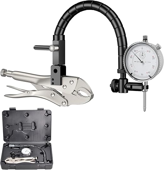 Disc Brake Rotor Ball Joint Gauge, 0-1” by 0.001” Dial Indicator, Automobile Brake Disc Flatness Runout Backlash Measuring Tool, with 13” Flexible Stem Holder & Locking Pliers