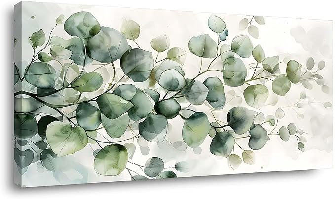 ZESTRILIA Soft Green Eucalyptus Leaves Canvas Wall Art, Calming Watercolor by Unknown