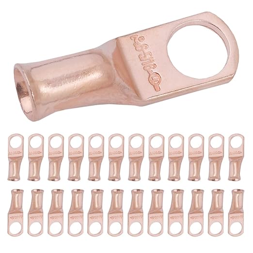 SELTERM 25pcs 6 AWG 5/16" Stud Battery Lugs, Ring Terminals, Heavy Duty Copper Wire Lugs, Cable Ends, 6 Gauge Ring Terminal Connectors, UL Bare Copper Eyelets Electrical Connectors