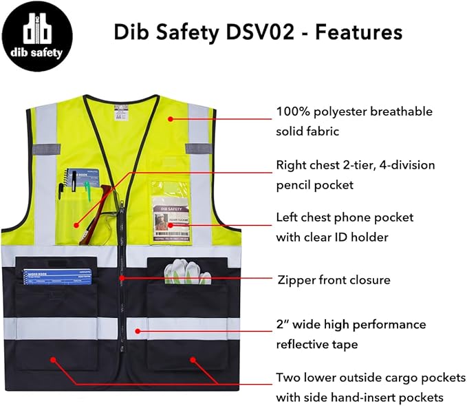 Dib Safety Reflective Vest High Visibility with Pockets and Zipper, Yellow and Black S
