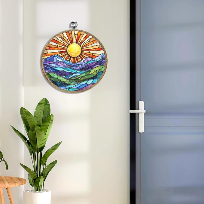 Colorful Mountain Sunset Bohemian Style Rainbow Sunrise Art Gift Framed Round - Image 6