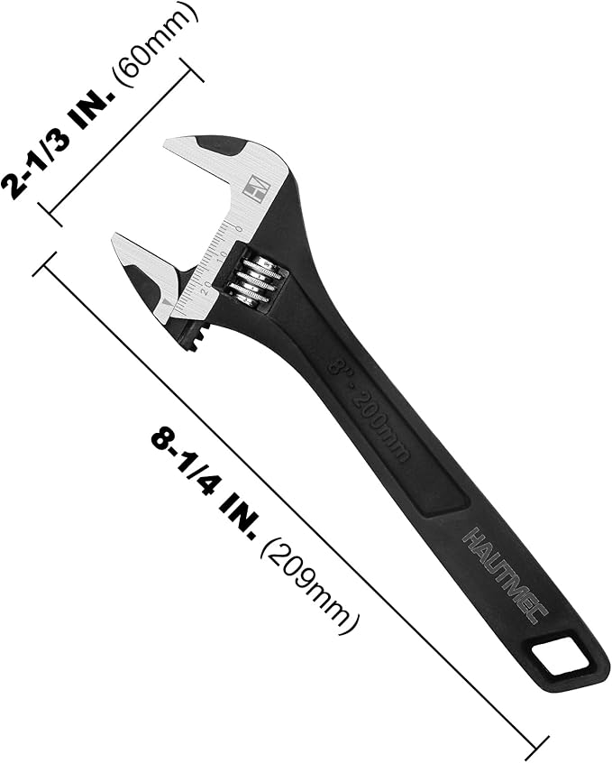 HAUTMEC 8 inch Adjustable Wrench Extra Wide Jaw Black Finish Adjustable Wrenches Drop-Forged CR-V Steel Metric & SAE Scales for Home Garage Workshop DIY