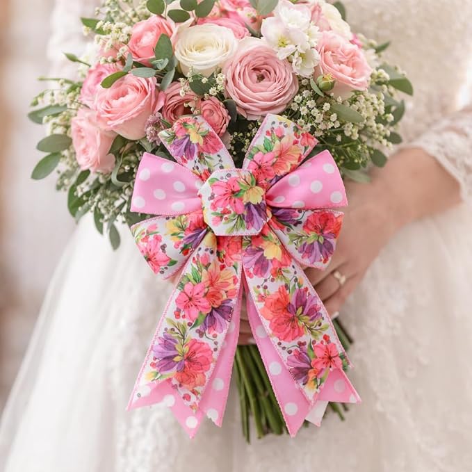 2 Rolls Spring Summer Pink Floral Wired Ribbon, 20 Yards White Dot and Colorful - Image 5