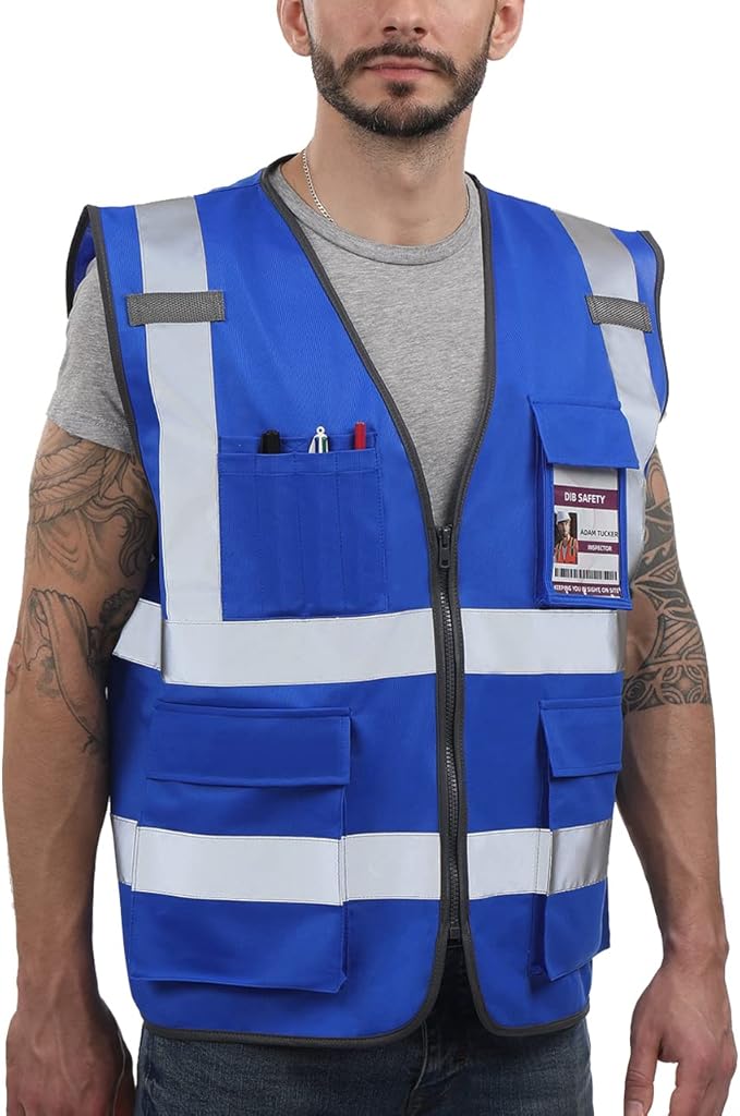 Dib Safety Reflective Vest High Visibility with Pockets and Zipper, Blue S