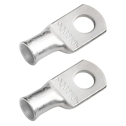 SELTERM 2pcs 2 AWG 3/8" Stud (Wide Pad) Tinned Copper Wire Lugs, Battery Lugs, Ring Terminals, Battery Cable Ends, 2 Gauge Ring Terminal Connectors, UL Marine Grade Battery Terminal Connectors