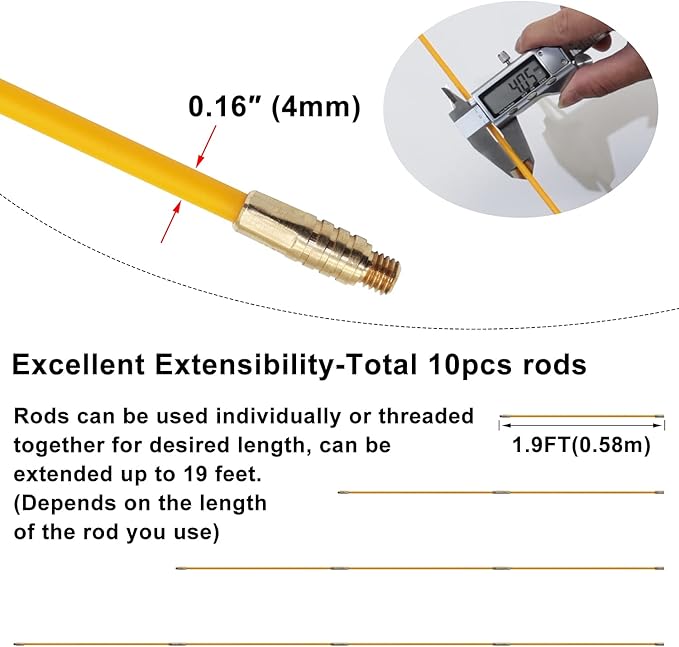 19' Fiberglass Running Electrical Wire Cable Pulling Fish Tape Kit with 5 Different Attachments and Fastener in a Carrying Case