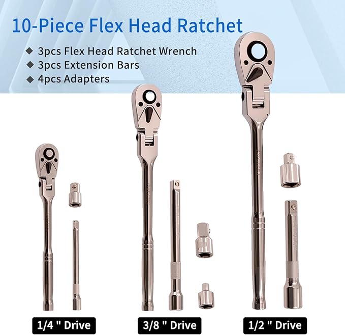 10 Piece Flex Head Ratchet Set, 1/4", 3/8" and 1/2" Drive Swivel Head Ratchet Wrench with Extension Bar and 4pc Adapter, 72-Tooth Flexible Wrench Handle with Quick-Release Reversible Design