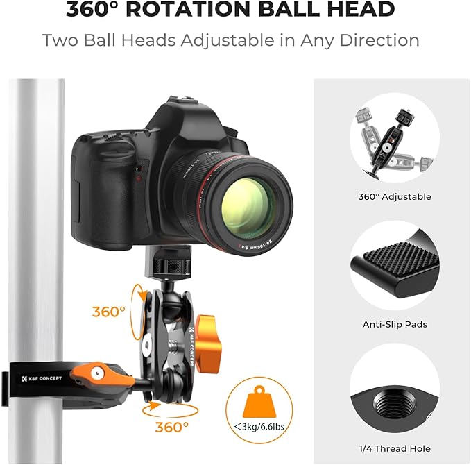 K&F Concept Camera Clamp Mount, Super Clamp Mount Magic Arm with Two 360° Ball Heads, 1/4" Screw Threads for ARRI Compatible with DSLR, Action Camera, Tripod, Phone for Gopro/Insta360