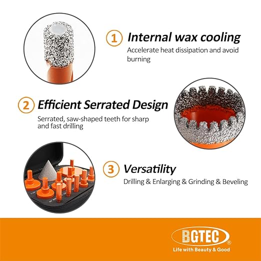 Diamond Core Drill Bit Kit BGTEC Diamond Hole Saw Tile Cutter,Triangle Shank 10pcs 6/8/10/20/25/28/32/45/50/65mm Drill Bits+1pc 3/8" Hex Shank Chamfer Bit
